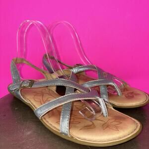 Born Mai Silver Leather Strappy Flat Sandal Sz 9